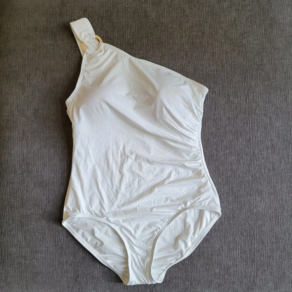Michael Kors WHITE Iconic gold ring Solids One Shoulder One-Piece Swimsu…